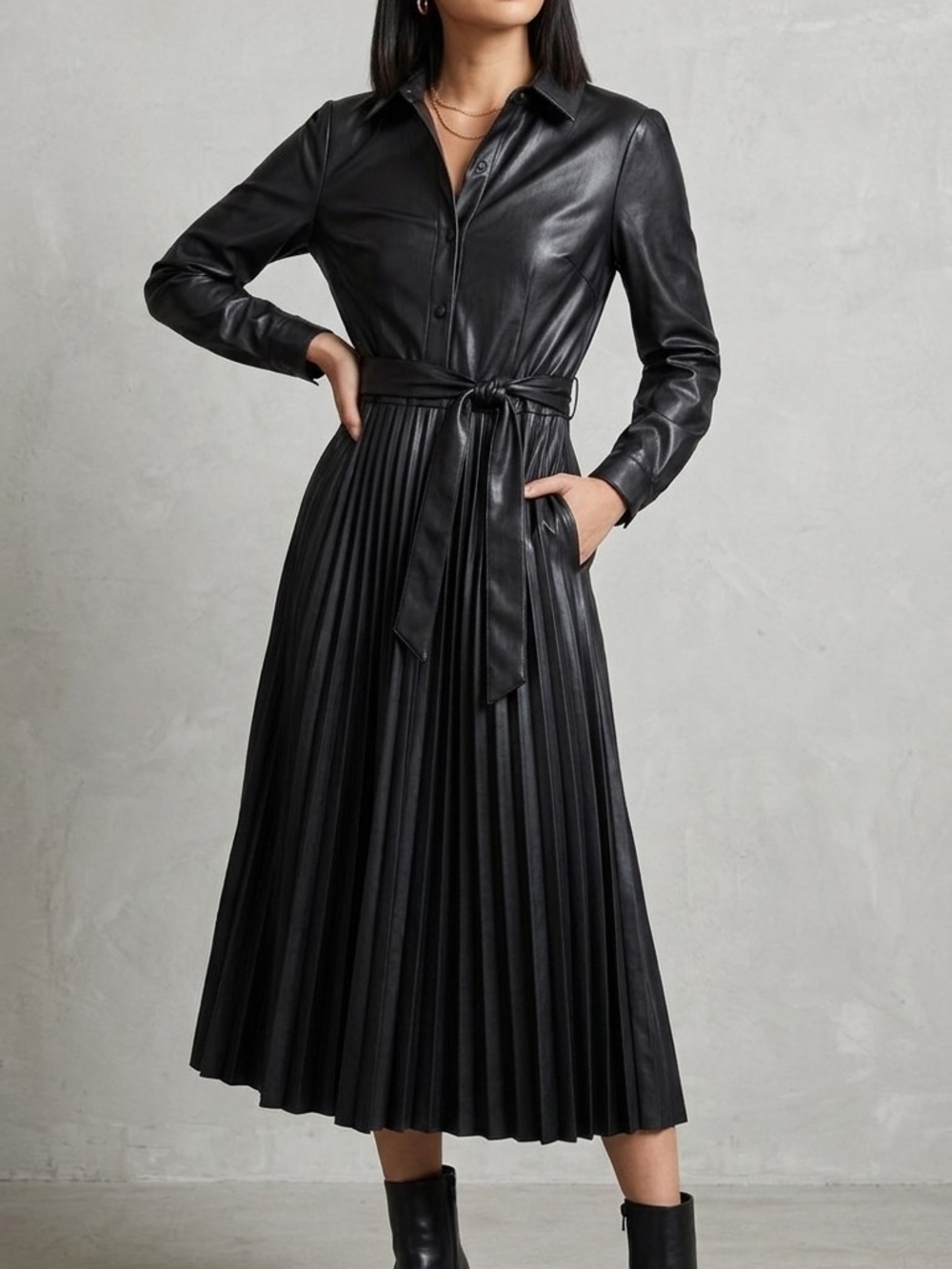 Scoop Faux Leather Pleated Midi Shirt Dress in Black, Size XS (0-2)
